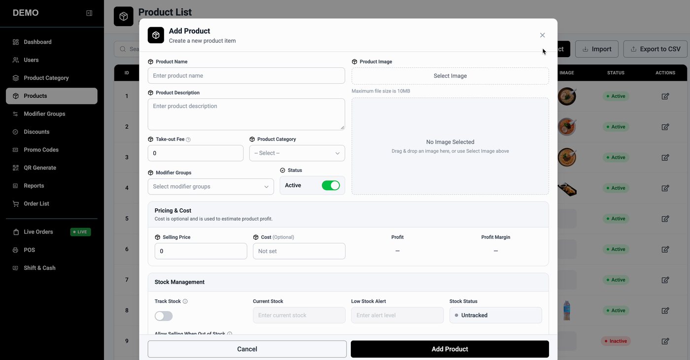 SnapServe Add Product form with pricing, cost and stock management