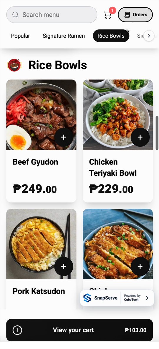 SnapServe customer menu showing rice bowls with food photos
