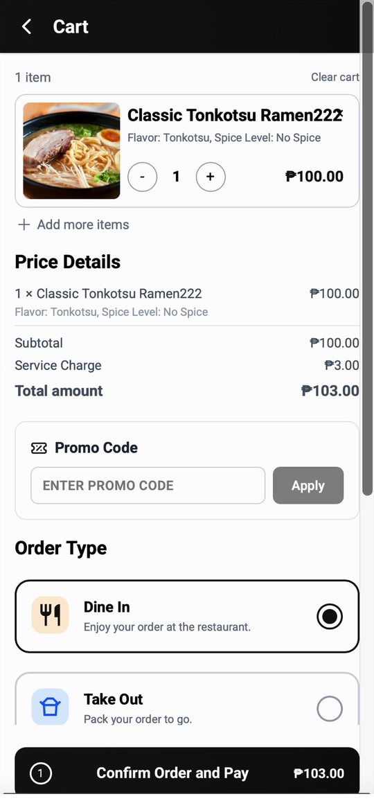 SnapServe cart with price details, promo code and a Dine In or Take Out choice