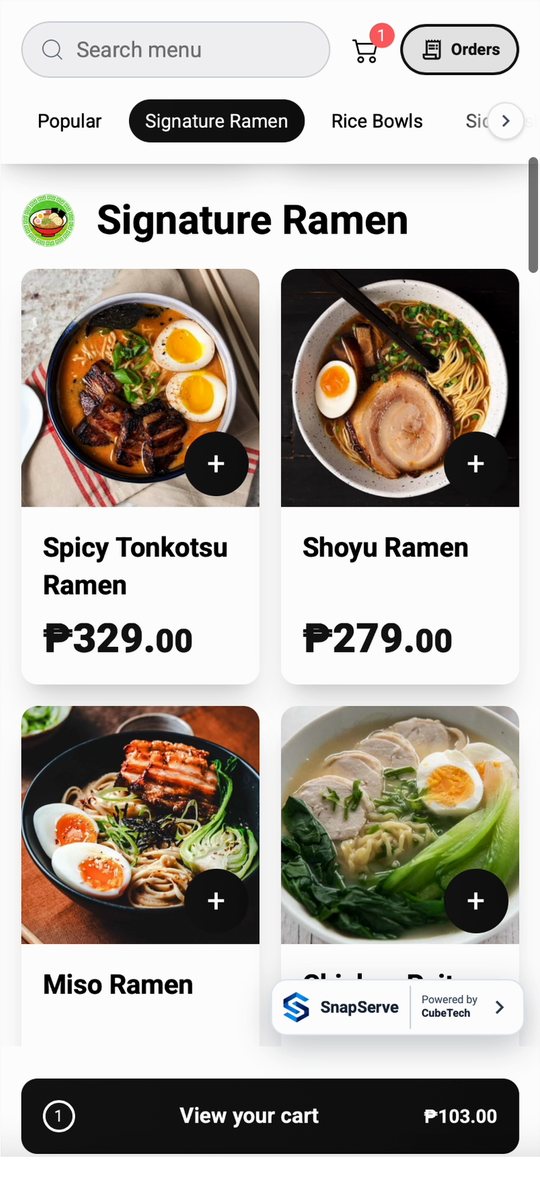 SnapServe customer menu with signature ramen, prices and a View your cart button