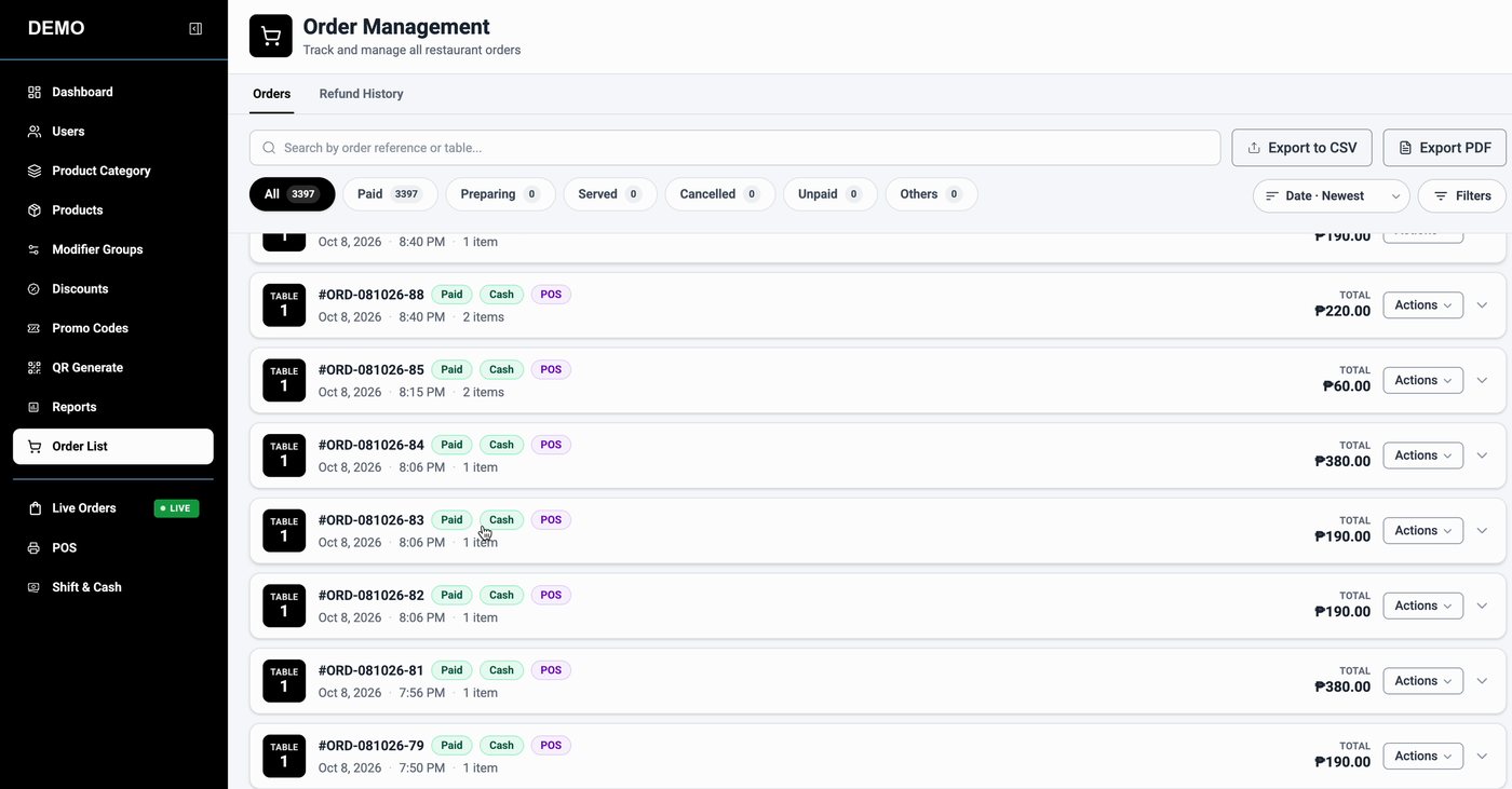 SnapServe order management list with status filters