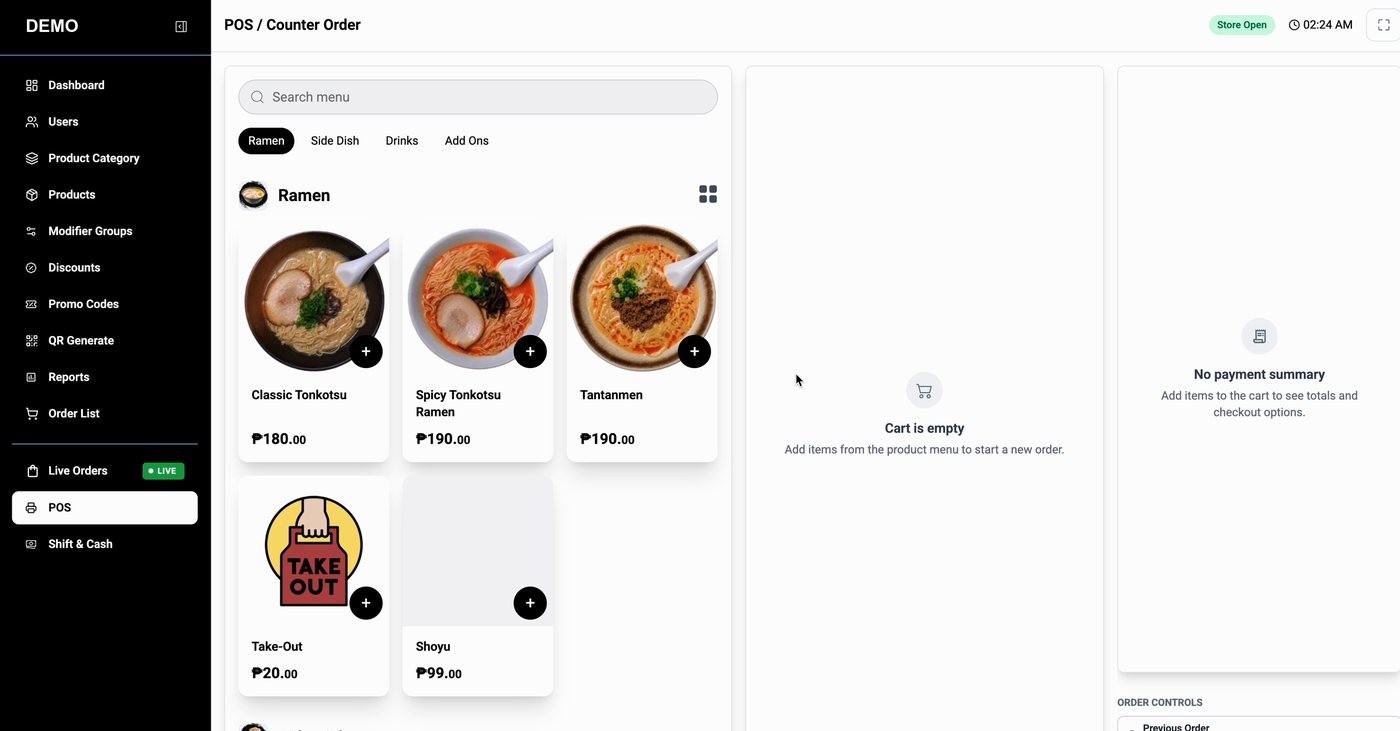 SnapServe point-of-sale screen with the menu grid and cart