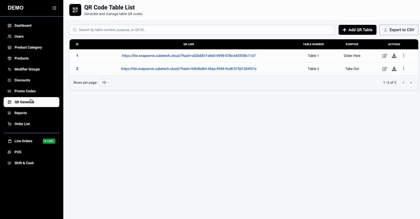 SnapServe QR code table list with order-here and take-out codes