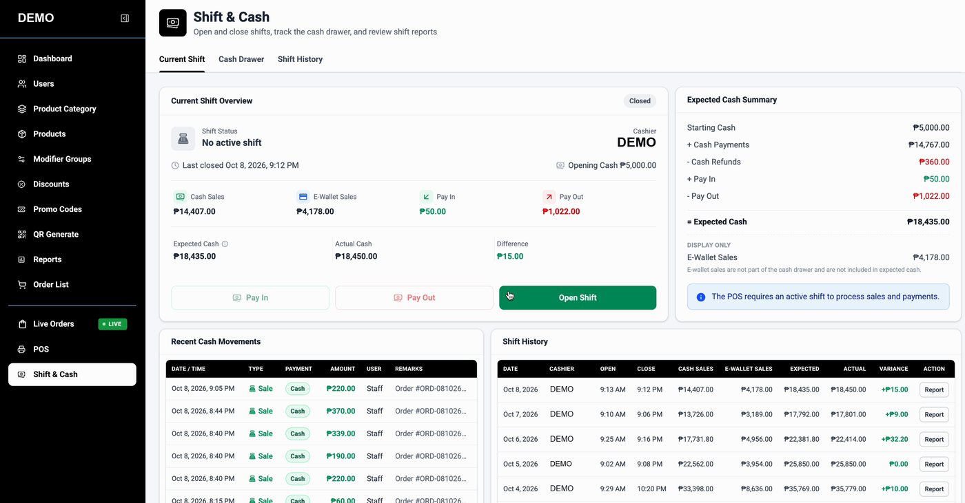 SnapServe shift and cash screen with expected cash summary and shift history