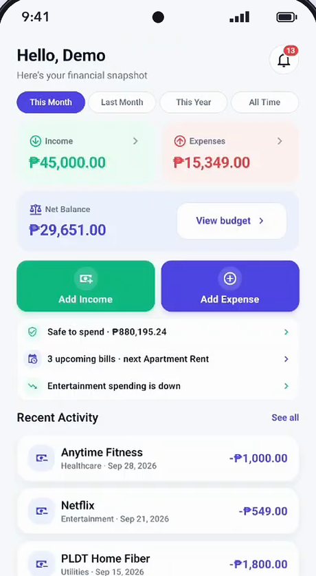 Wallo home screen with income, expenses and recent activity